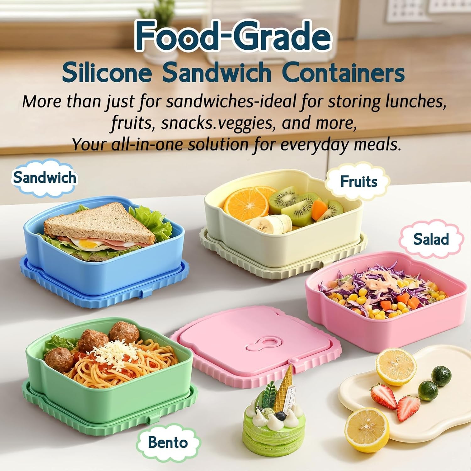 4 Pack Reusable Silicone Sandwich Containers Leak-Proof Lunch Boxes Pink Blue…