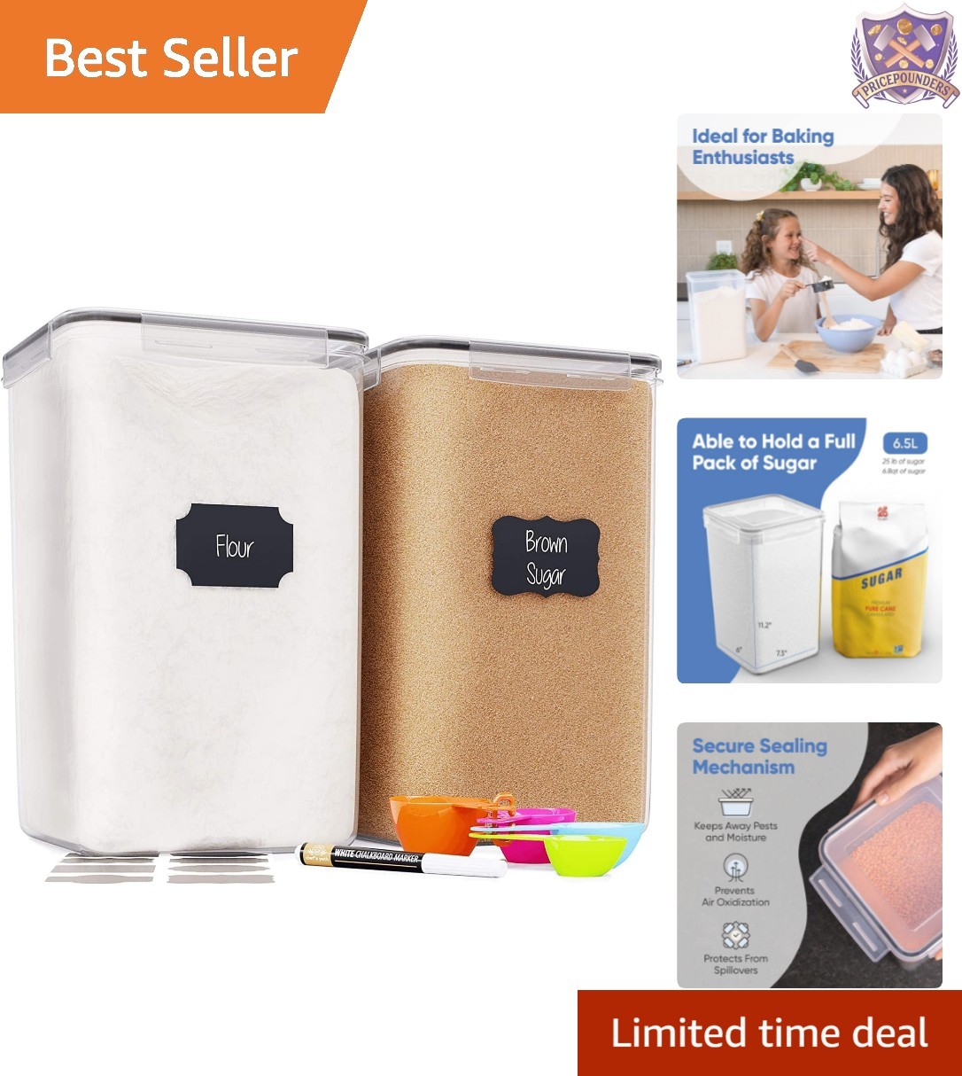 Food Storage Containers Set of 2 6.5L Airtight Stackable Canisters for Flour