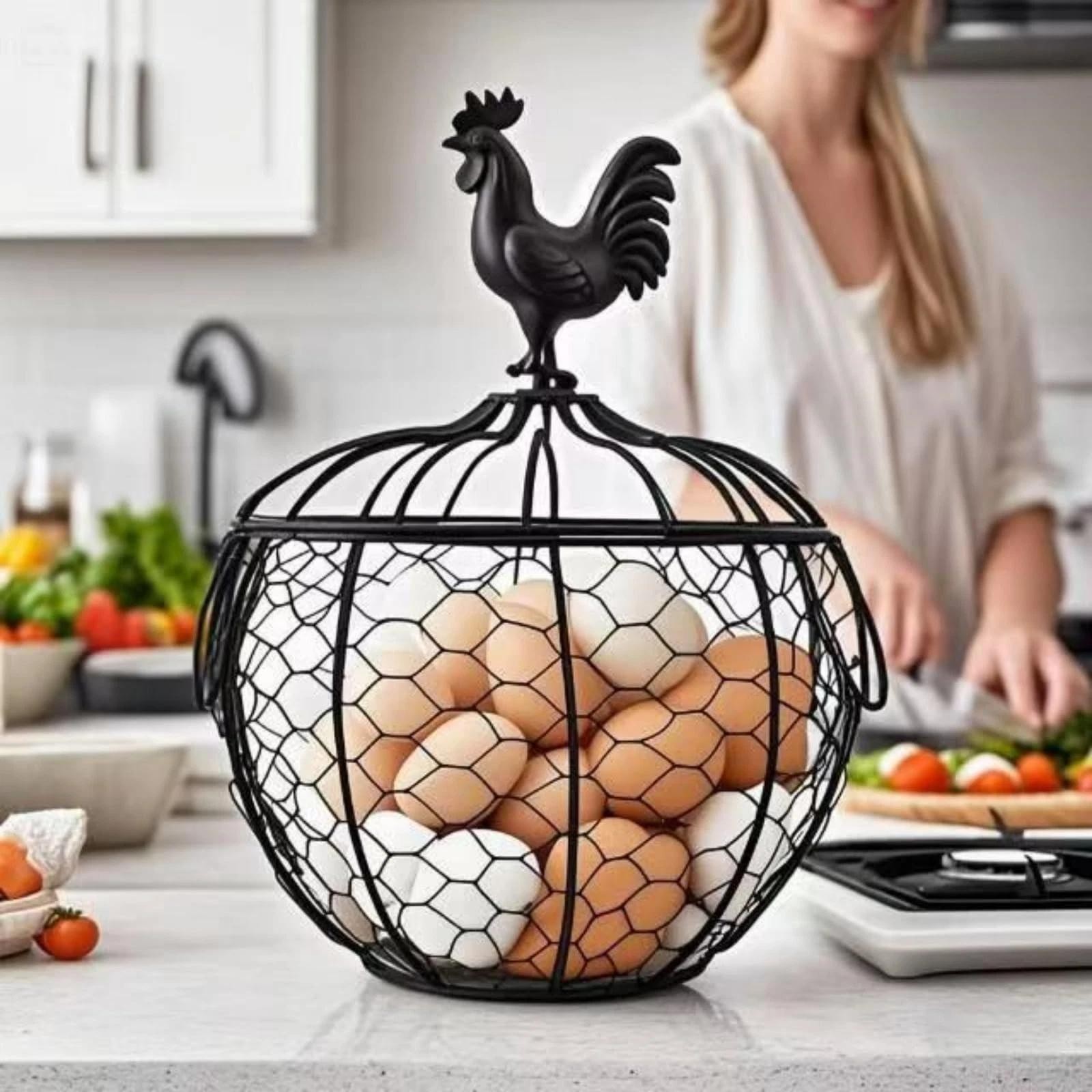 Cesta de alambre para huevos para recoger huevos frescos con asa. Soporte huevos