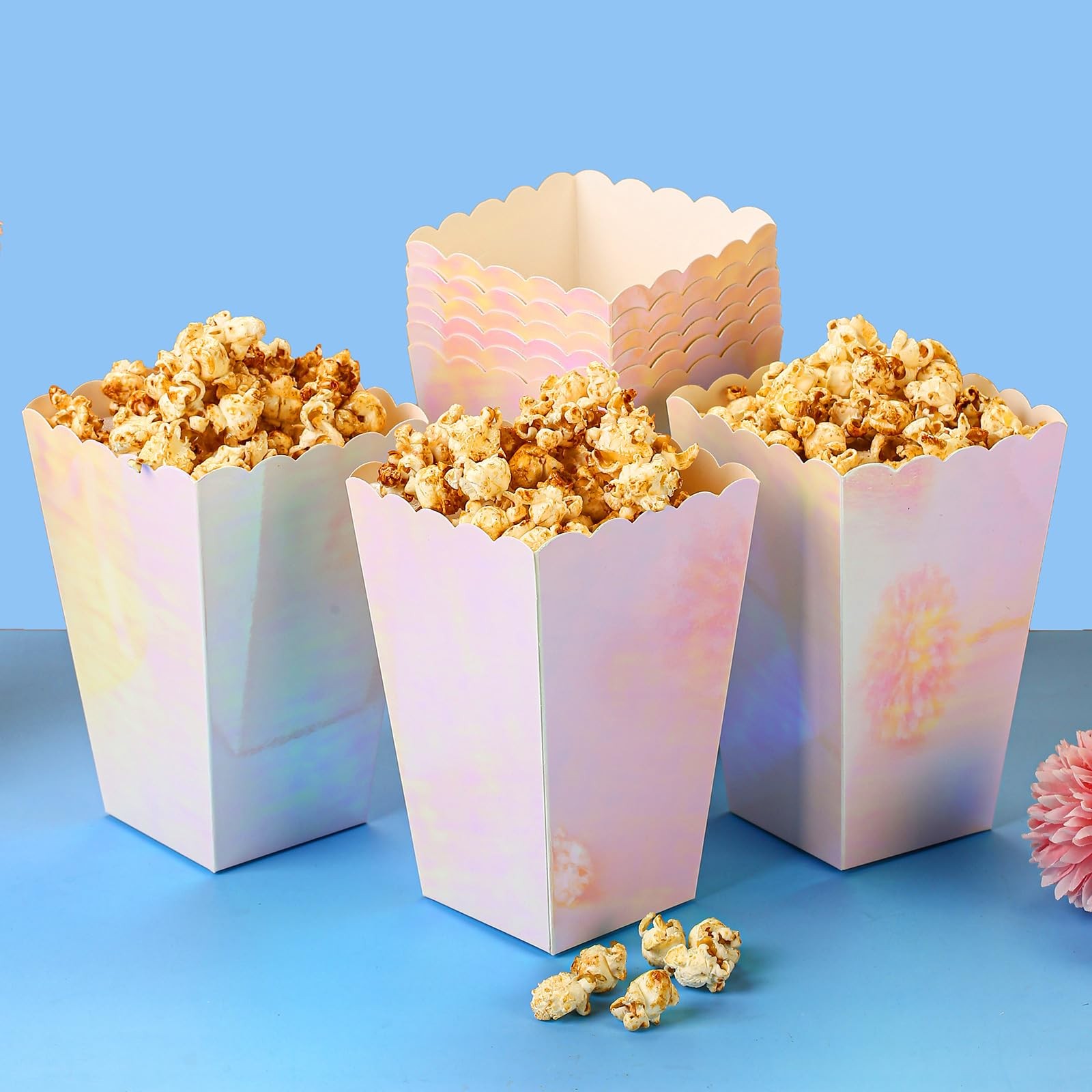 Pink Iridescent Disposable Popcorn Boxes 6.3 Inches Tall Holographic Party De…