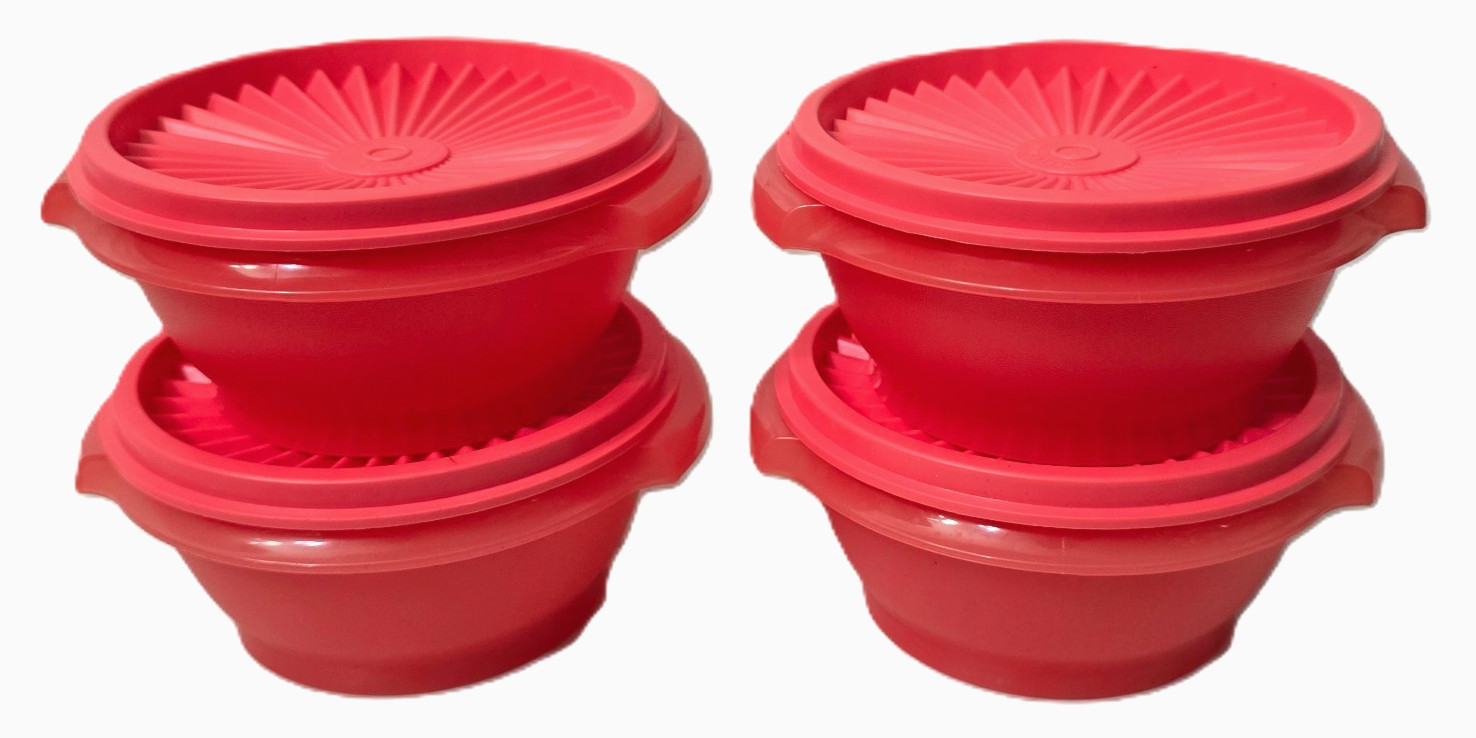 4pc Tupperware Servalier Heritage Bowls w Lids Coral Pink Clear 10oz 1323-21