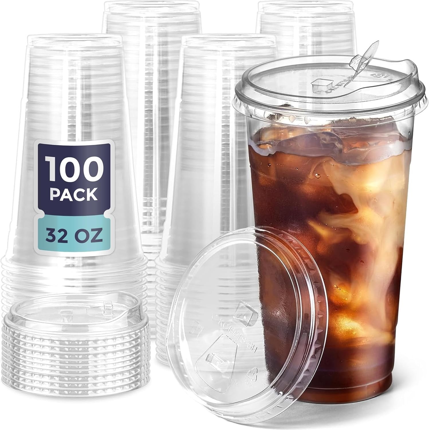 100 Pack 32 oz Clear Plastic Cups with Strawless Sip Lids, Disposable Plastic…