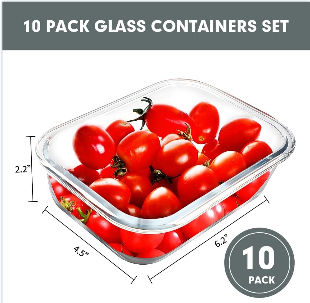 10 Pack 22 OZ Glass Meal Prep Containers, Airtight Glass Lunch Containers Set…
