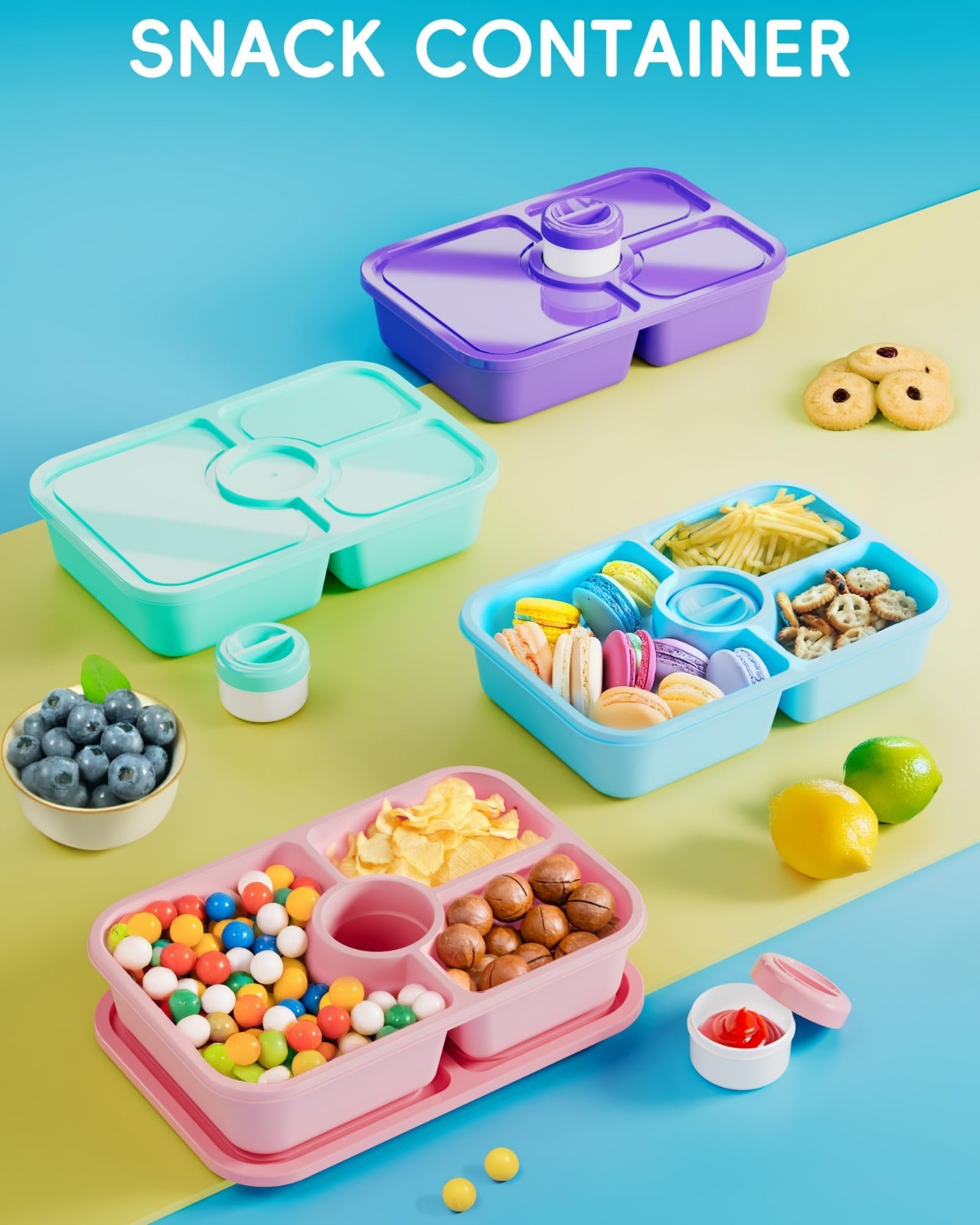4 Pcs Divided Bento Snack Box Containers – Stackable Meal Prep Lunch Boxes with