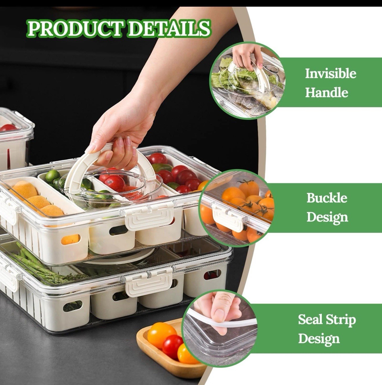 Salad Bar Containers for Fridge with Lid and Handle Fruit Storage 4 Removable