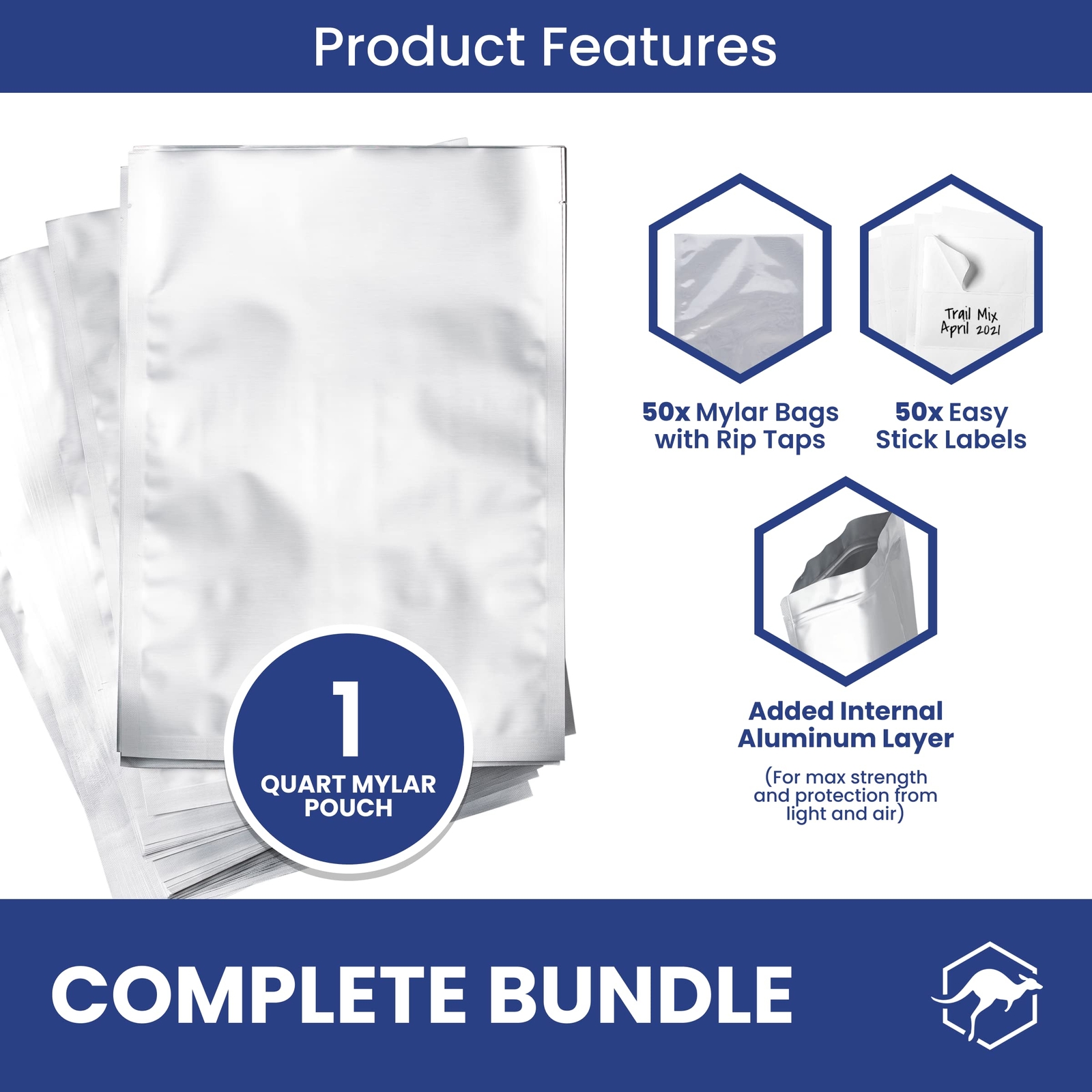 50X 1-Quart Mylar Bag Bundle – 5 Mil – 7 X 10 Mylar Bags + 50X Labels