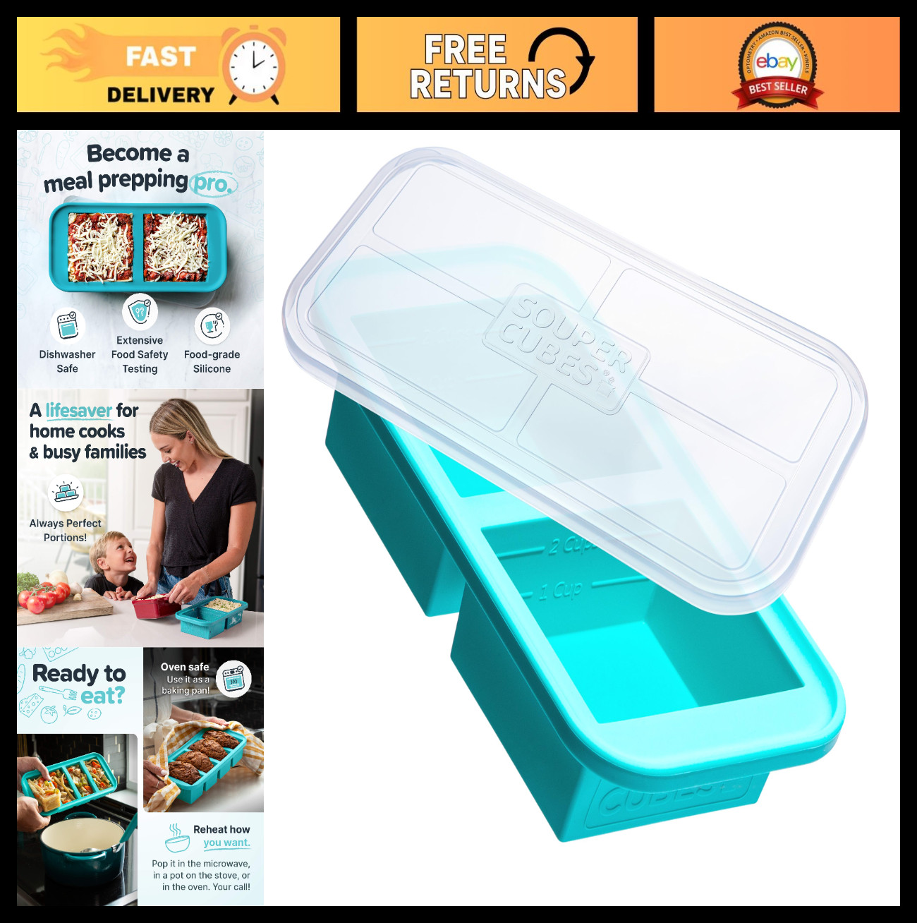 Silicone Freezer Tray with Lid – 2 Cup Portion Control Mold for Meal Prep, Lefto