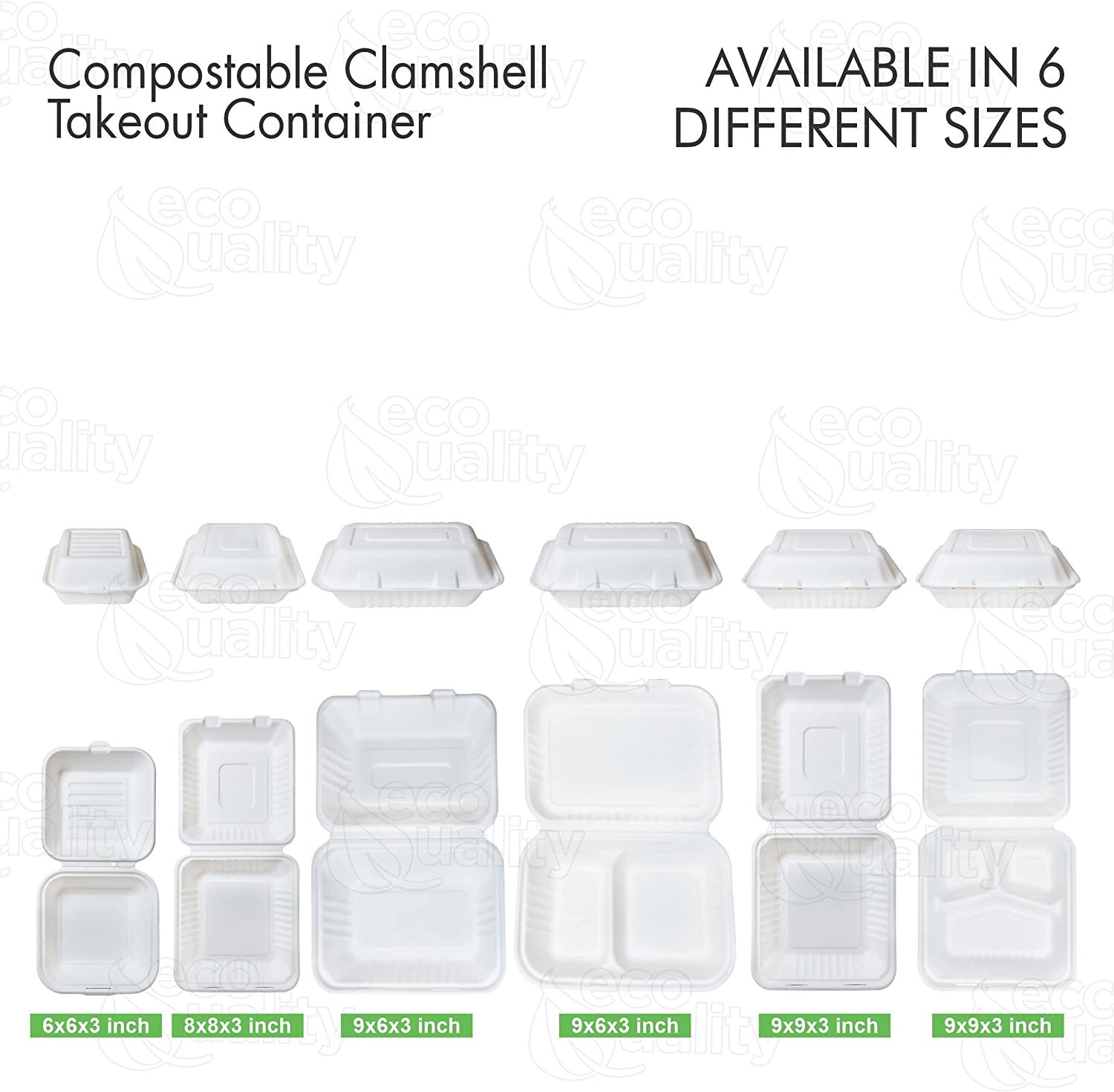 Compostable Square Hinged Clamshell 6×6 Food Take Out Box Disposable ToGo 500pcs