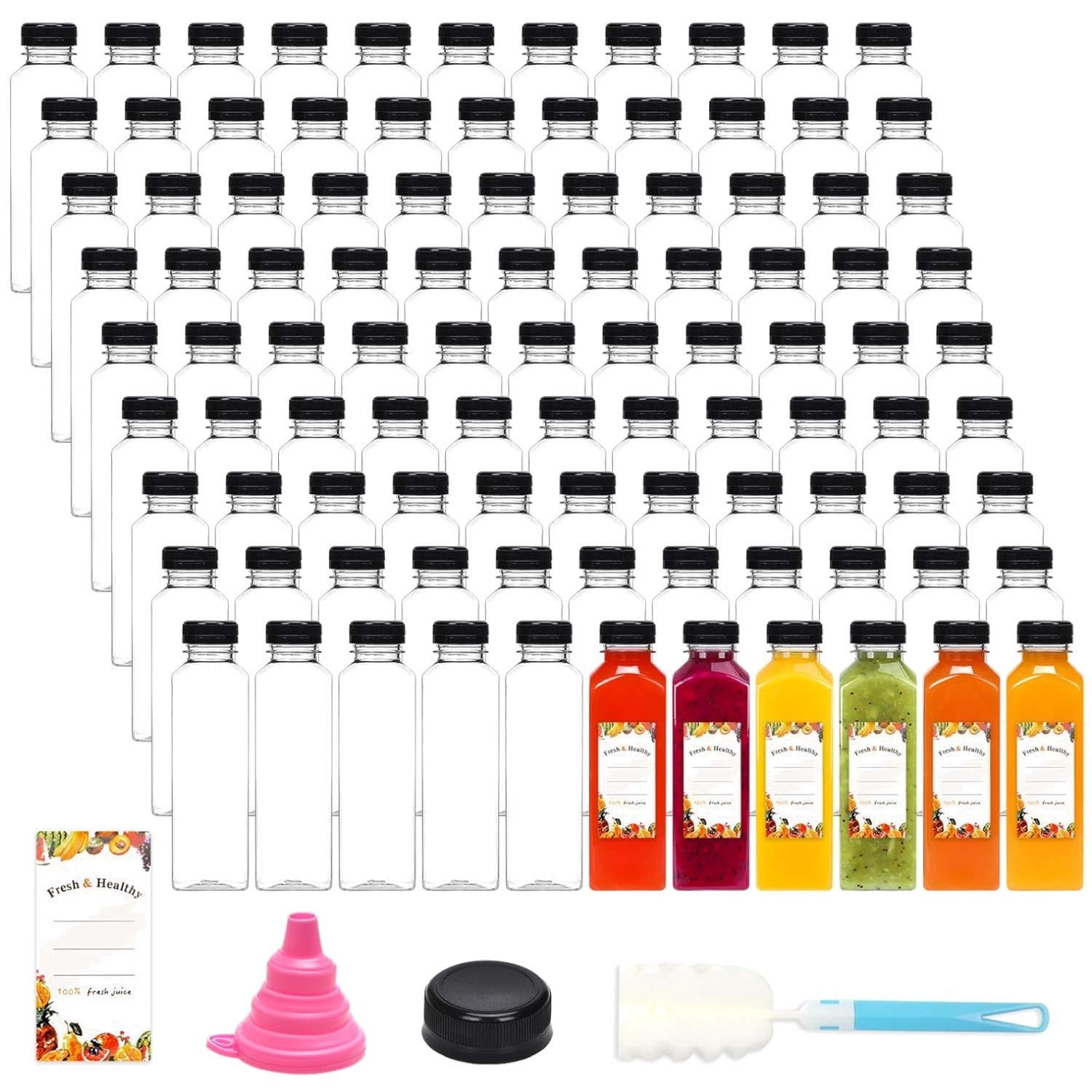 160x 16oz Clear Reusable Juice Bottles + Funnel & Brush