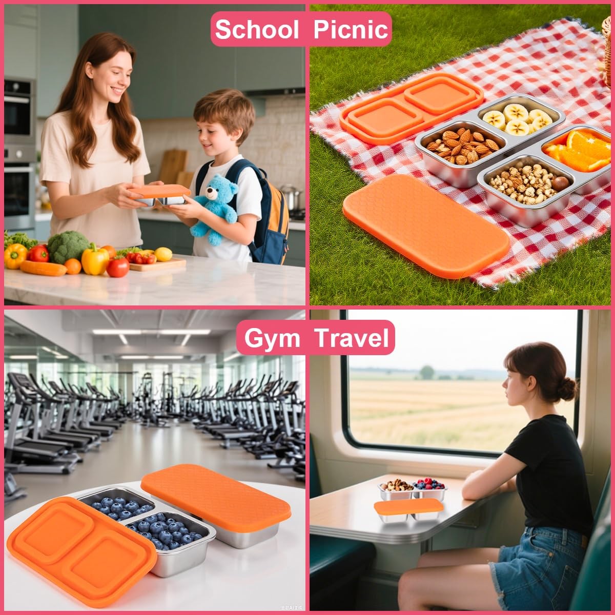 2-Compartment Stainless Steel Snack Containers, Reusable Snack Containers wit…