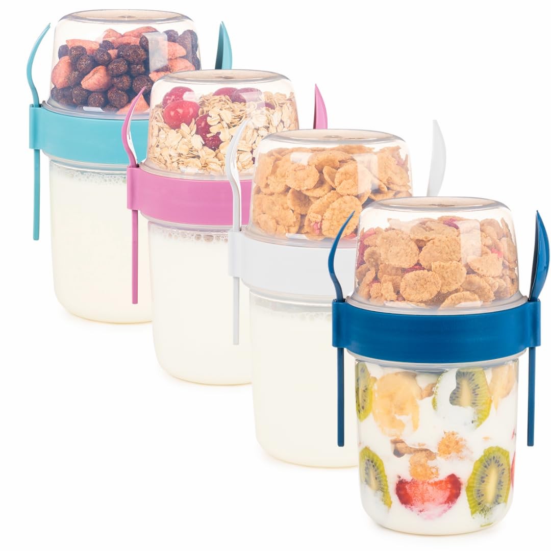 4 Pack On The Go 22 Oz Breakfast Cups With Lids And Spoon Reusable Cereal Yogurt