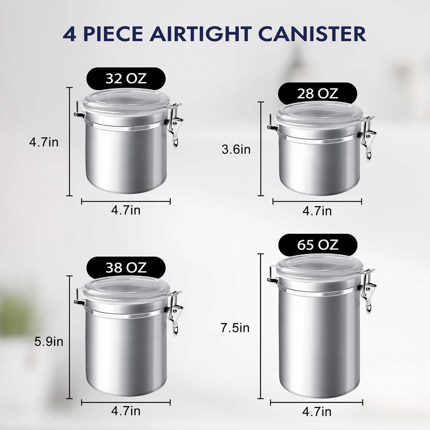 4 Piece Stainless Steel Airtight Food Storage Canister Set Clear Lid 28 to 65 oz