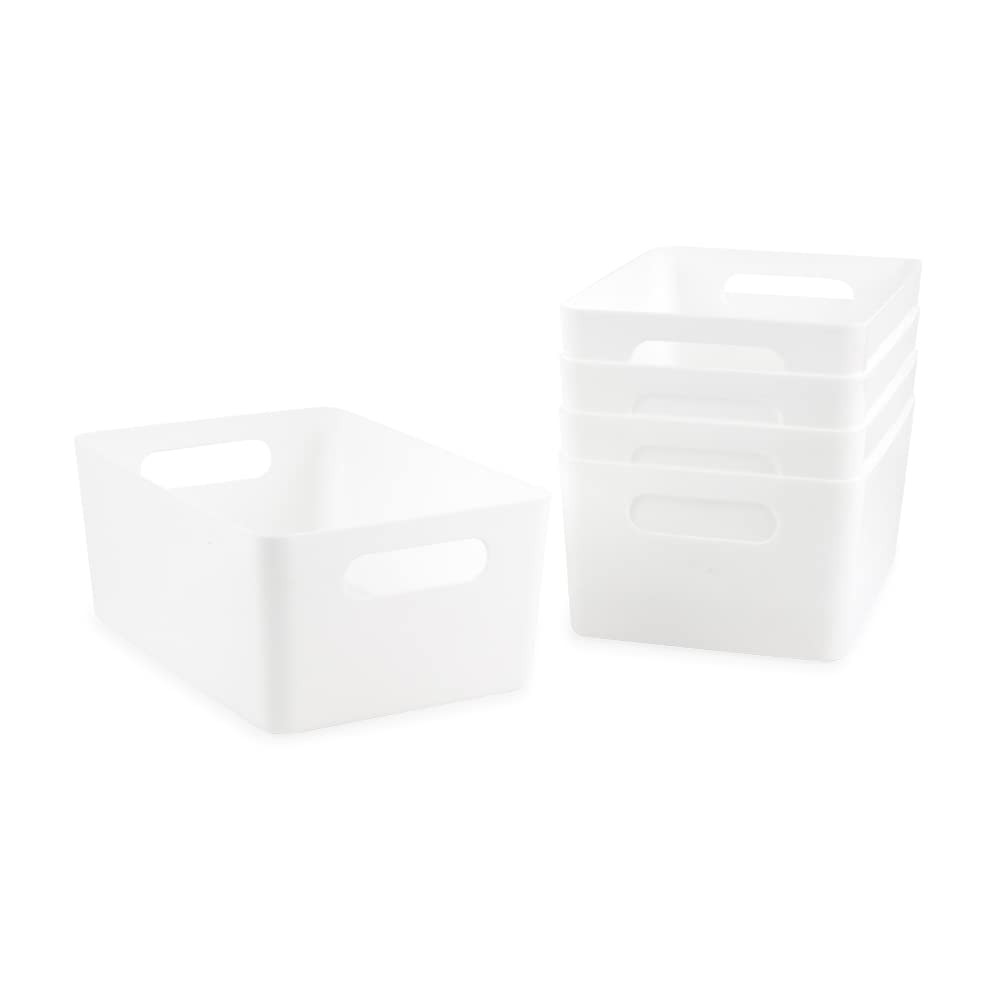 5-Pack Medium White Storage Bin (9.5” x 6.5”x 4”) Set w/Cut-Out Handles, Plas…