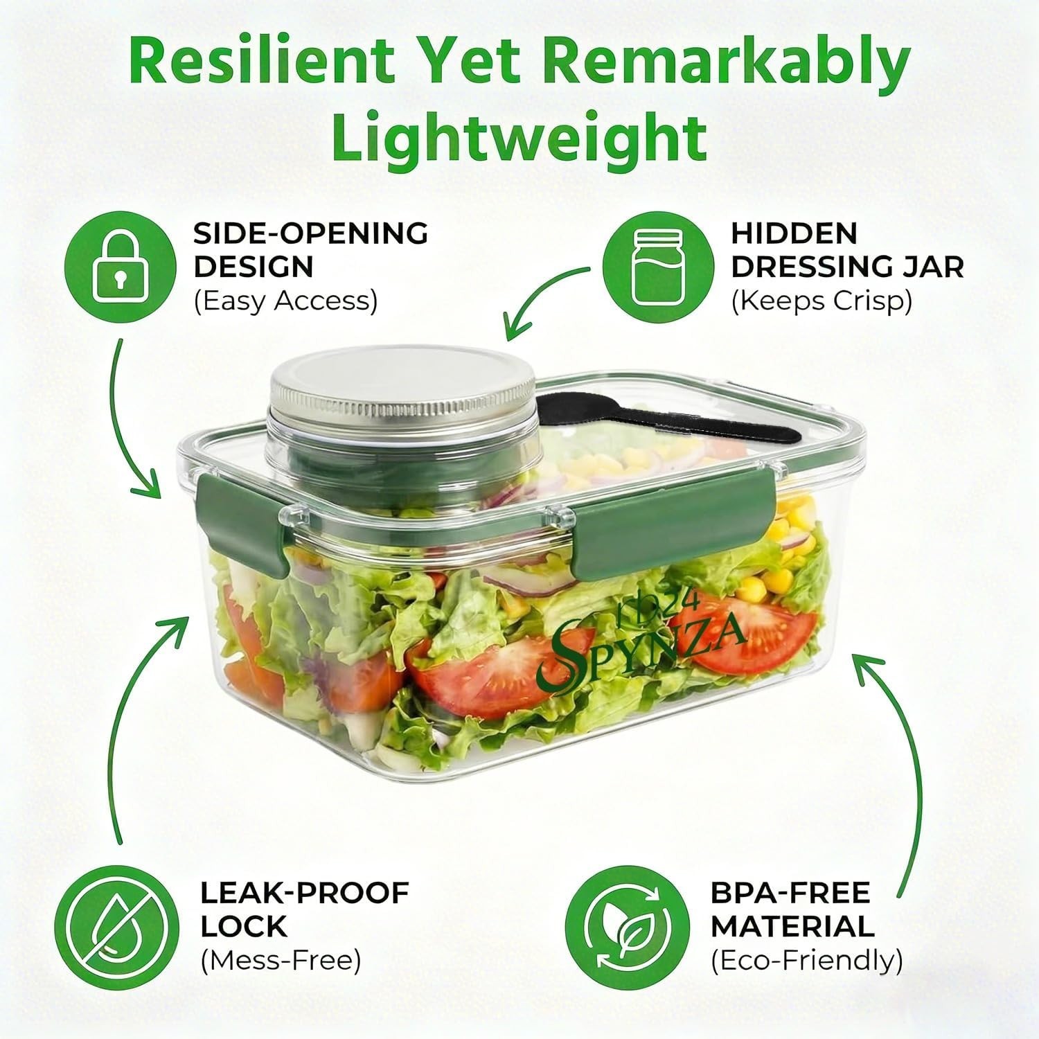 Spynza 34oz Salad Lunch Container Meal Prep Bowl Dressing Cup Fork Green NEW