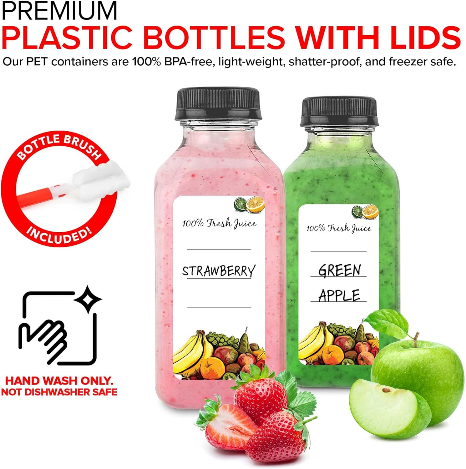 12 Oz Juice Bottles with Caps for Juicing (12 Pack) – Reusable Clear Empty Plast