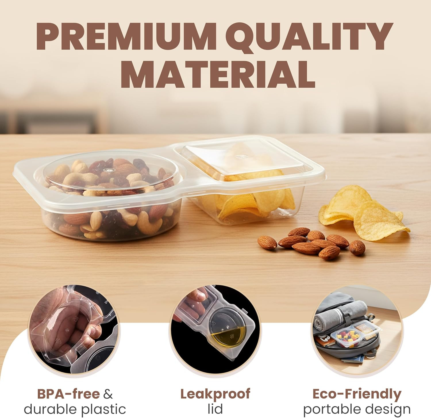 Reusable Snack Containers with Lids 30 Pack – 2 Compartment Portion Control Food