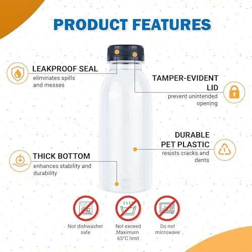 Holotap 42 Pcs 8 OZ Plastic Juice Bottles with Caps, Empty Clear Disposable B…