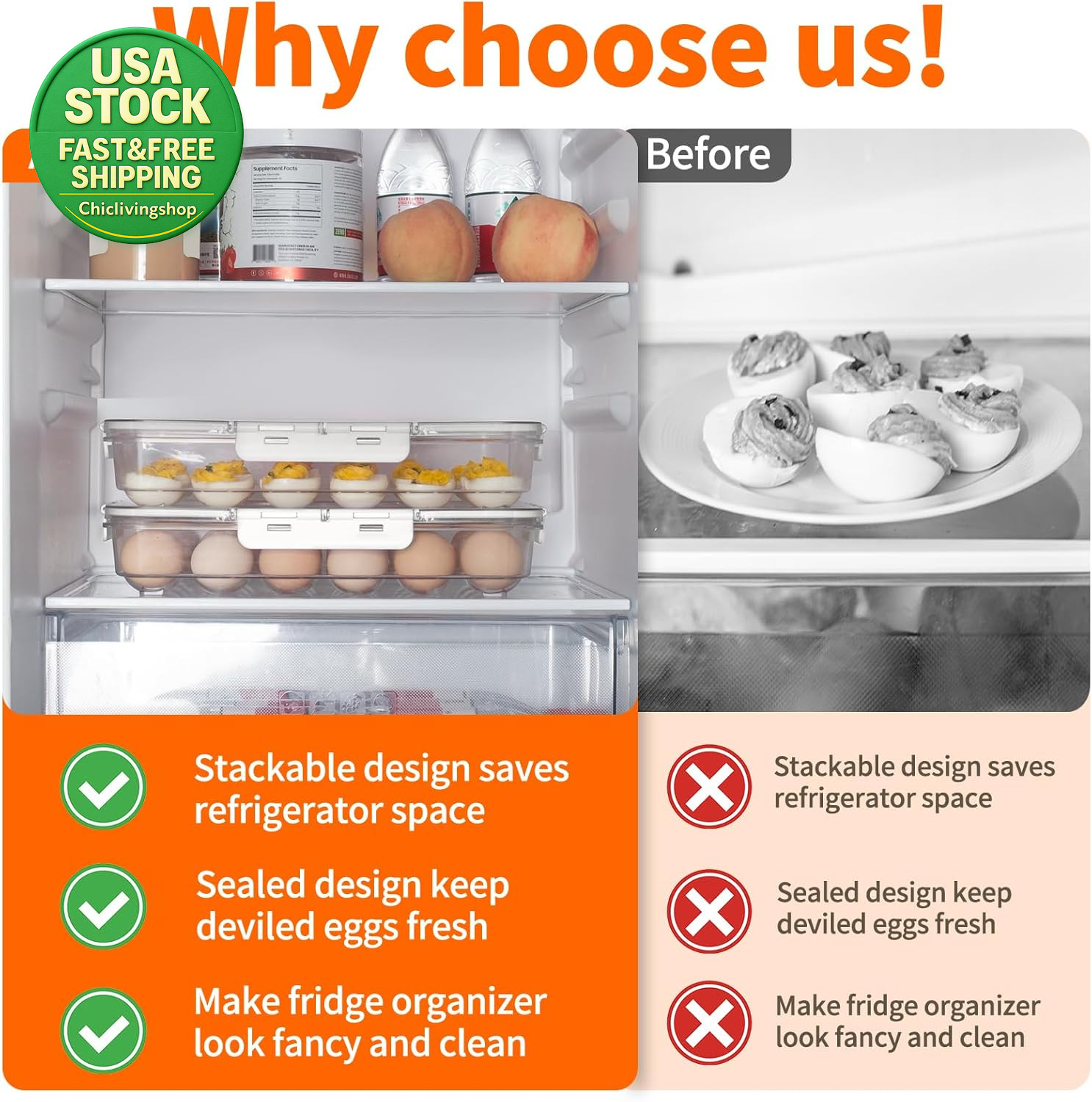2 Pack Deviled Egg Carrier Tray with Lid Handle Clear Storage Holds 48 Eggs