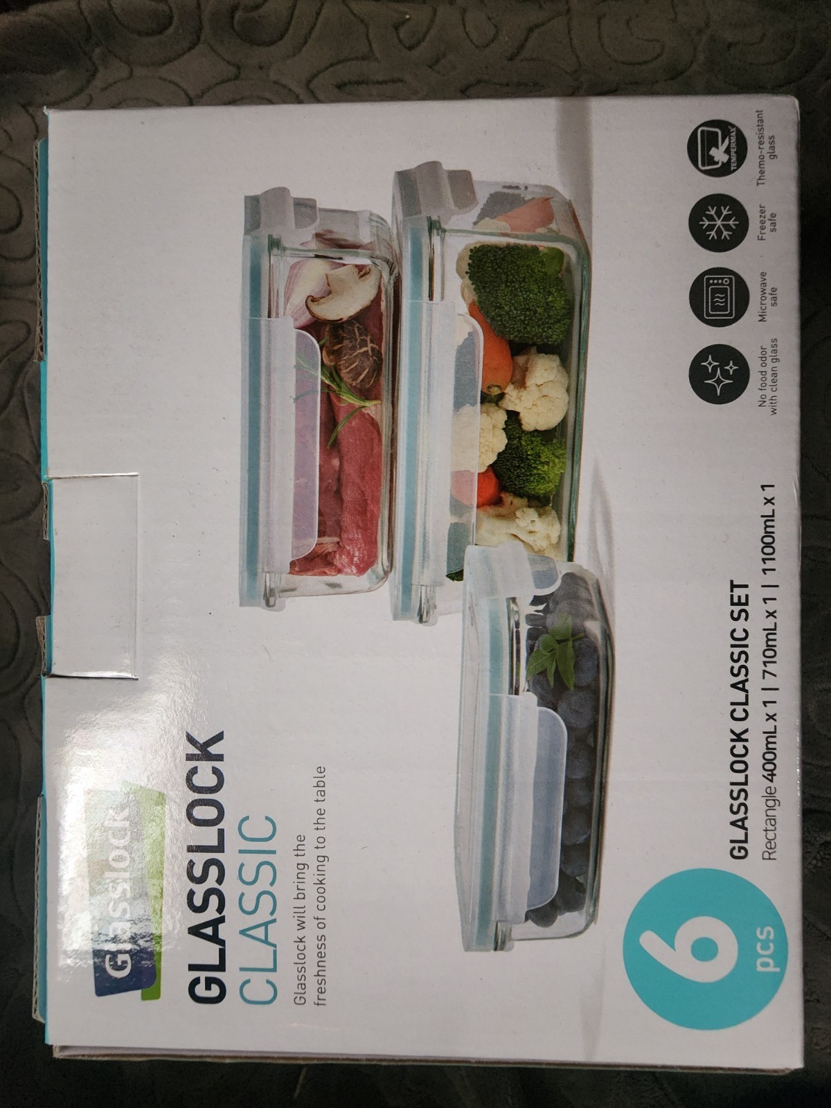 Glasslock Classic 6pc Rectangular Glass Containers Snap Lids 400/710/1100mL