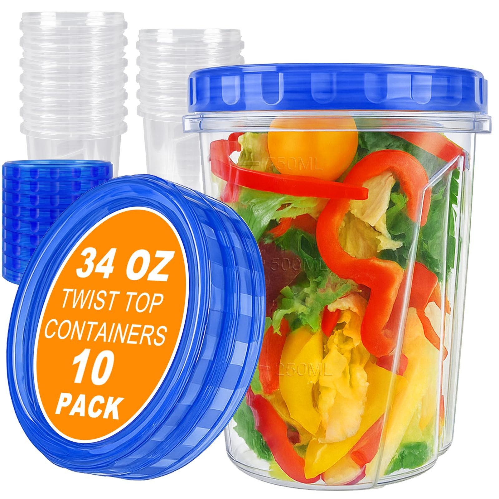 10 Pack 34oz Reusable Freezer Food Storage Containers with Twist Top Lids, Ai…
