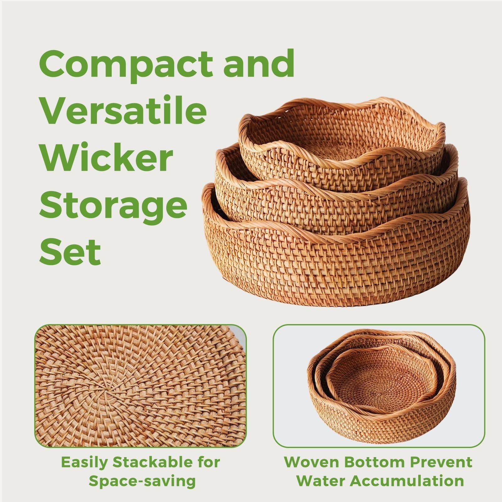 Rattan Bread Baskets Set of 3, Round Woven Serving Basket Bowls, Natural Wick…