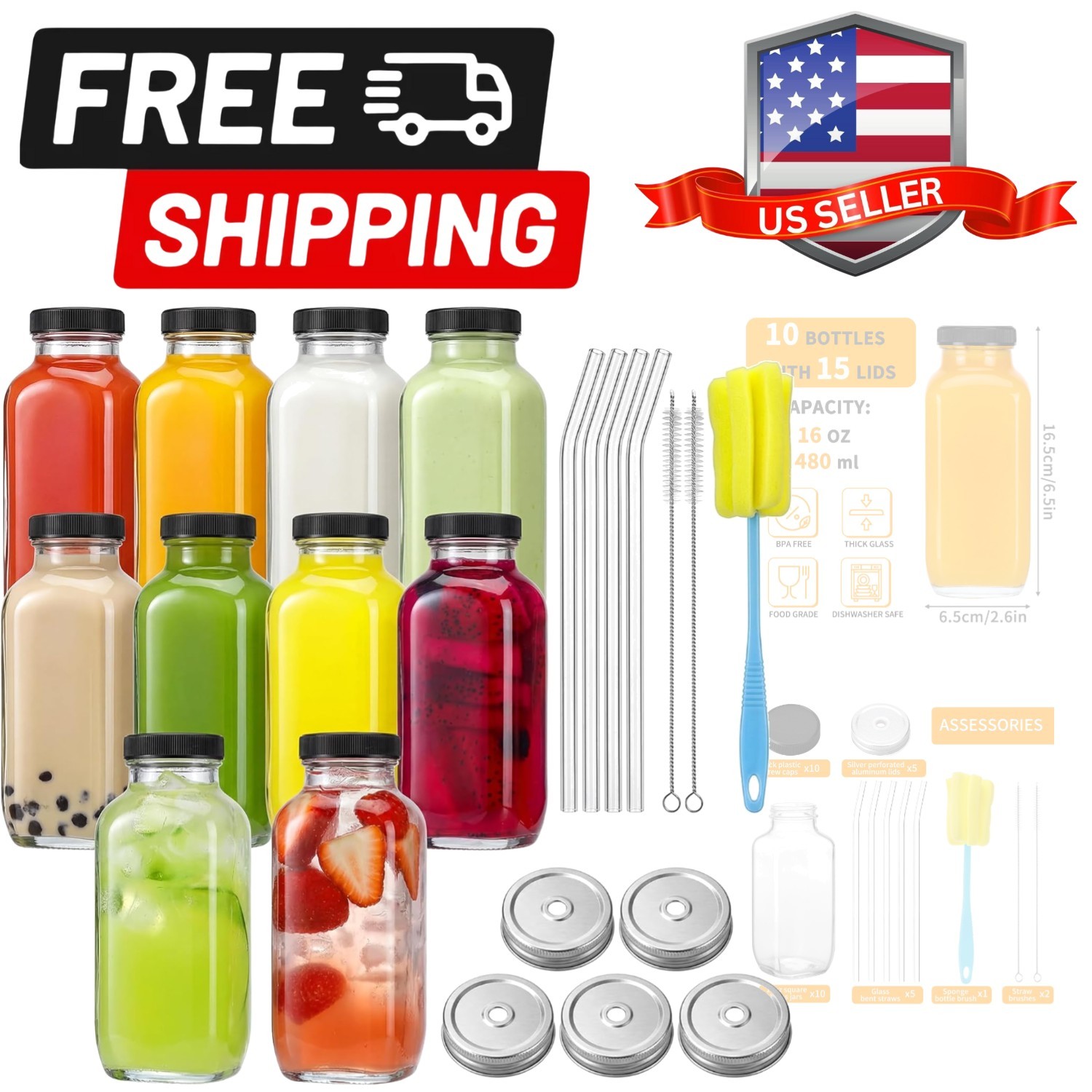 10pcs 16oz Glass Juice Bottles with Lids, Reusable Juice Containers Drinking …