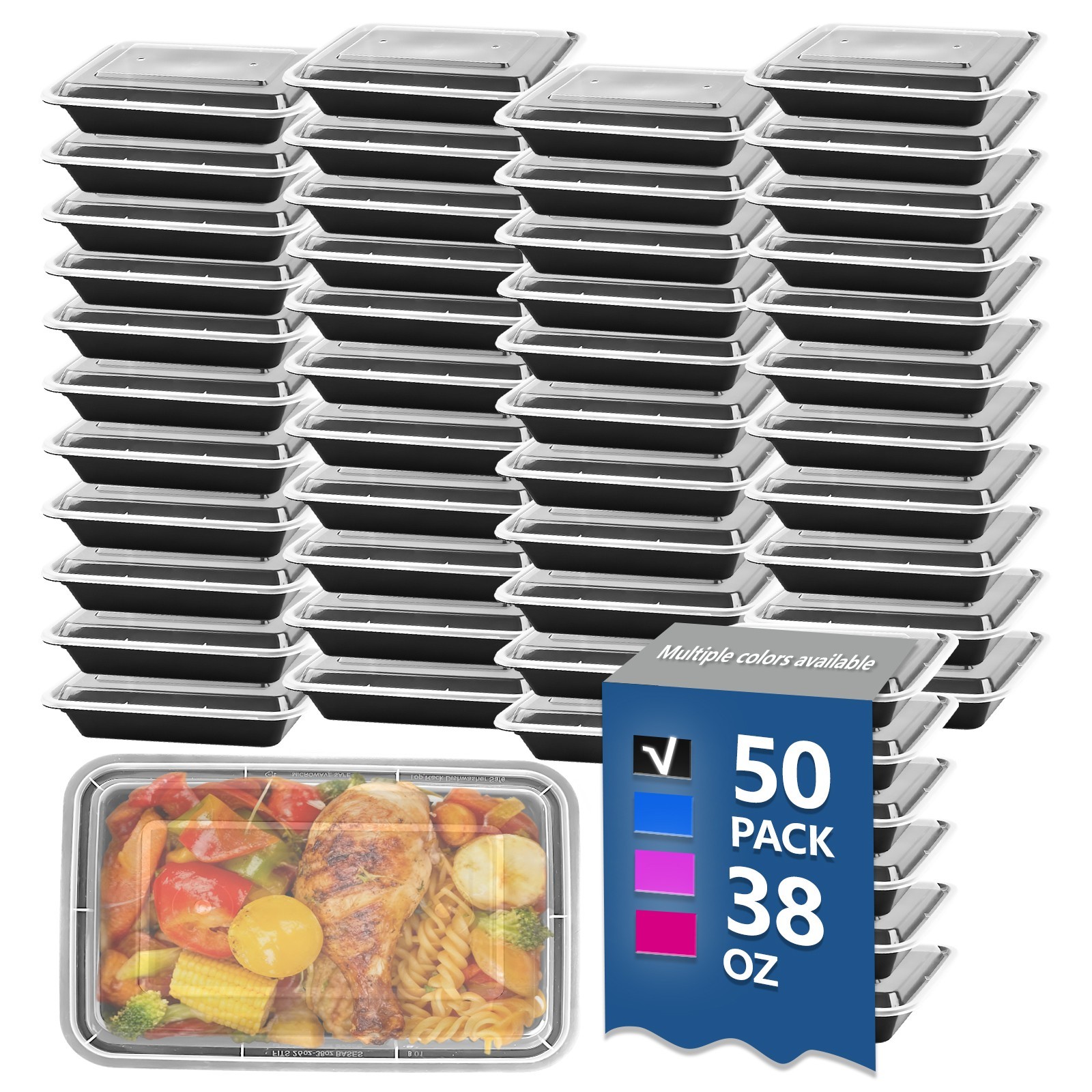 50 Pack Black Meal Prep Containers, 38oz Reusable & Microwave Safe Food Storage