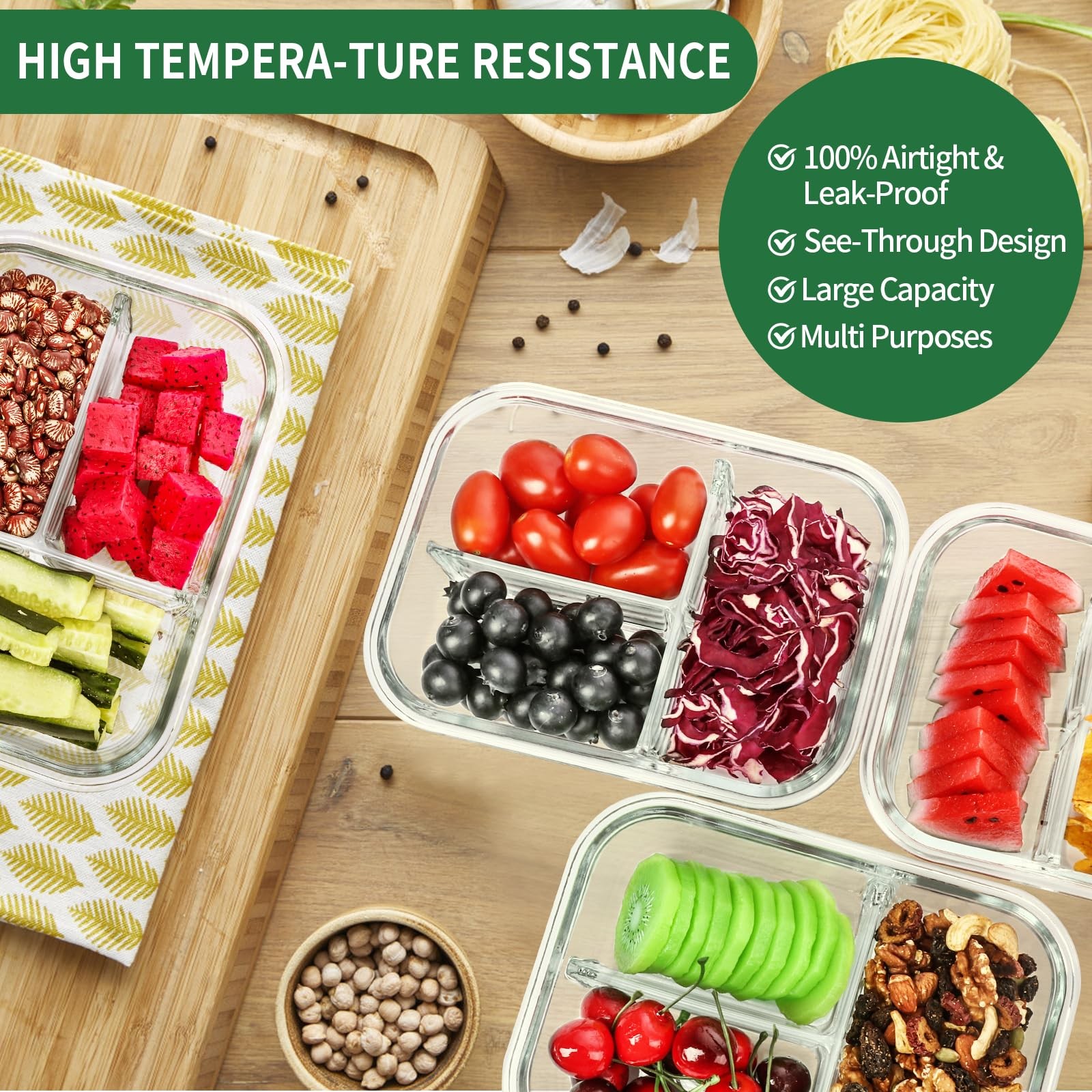 5-Packs 36OZ Glass Airtight Food Storage Containers 3 Compartments, Meal Prep…