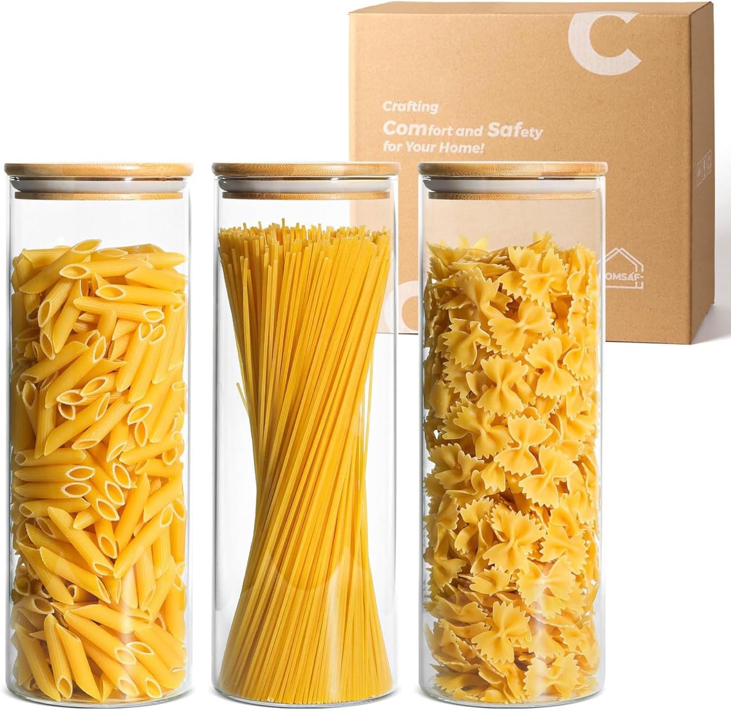 Glass Spaghetti Pasta Storage Container W/ Lids 2 Qt Set of 3 Tall Clear