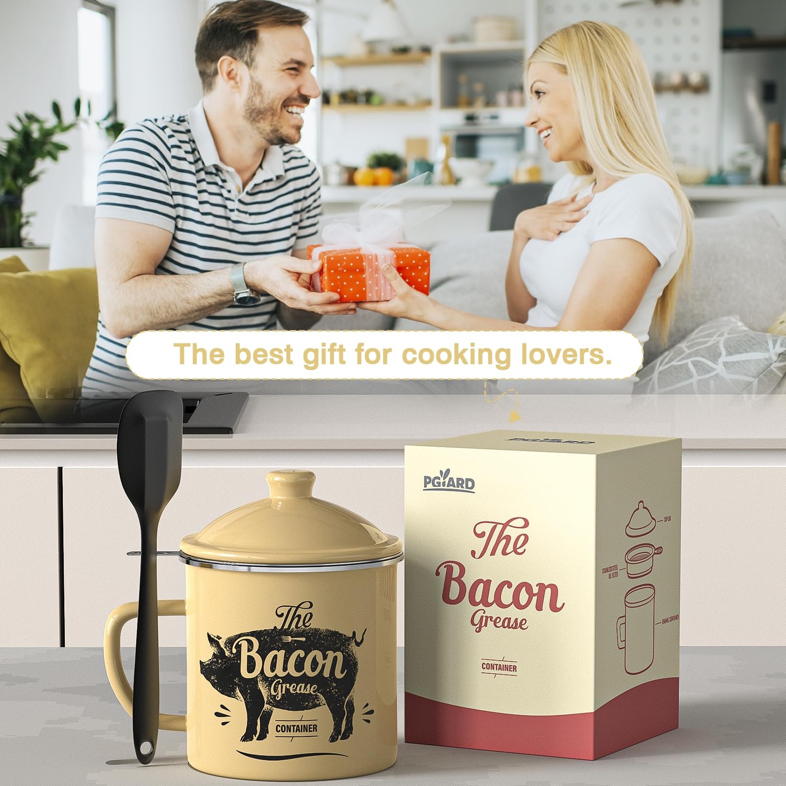 Bacon Grease Container With Strainer, 46OZ Large Enamel Grease Container, Wit…