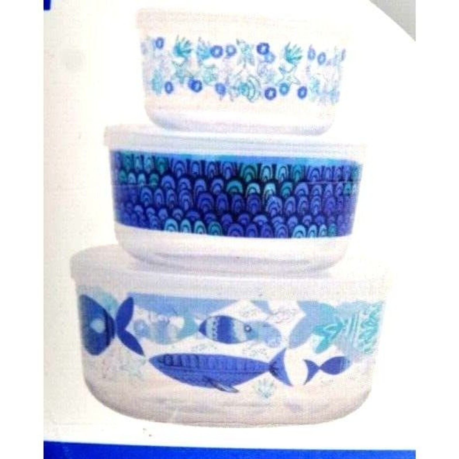 Nautical Fish Nesting Bowls 3-pc Clear Acrylic Plastic Lids BPA Free Gift NEW
