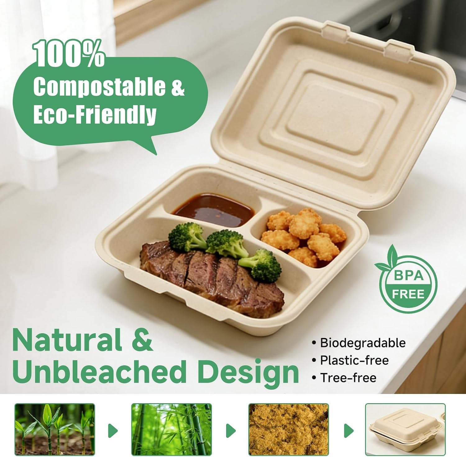 To Go Boxes 75 Pack 3 Compartment Compostable Degradable in 90 days 9×9 Inch