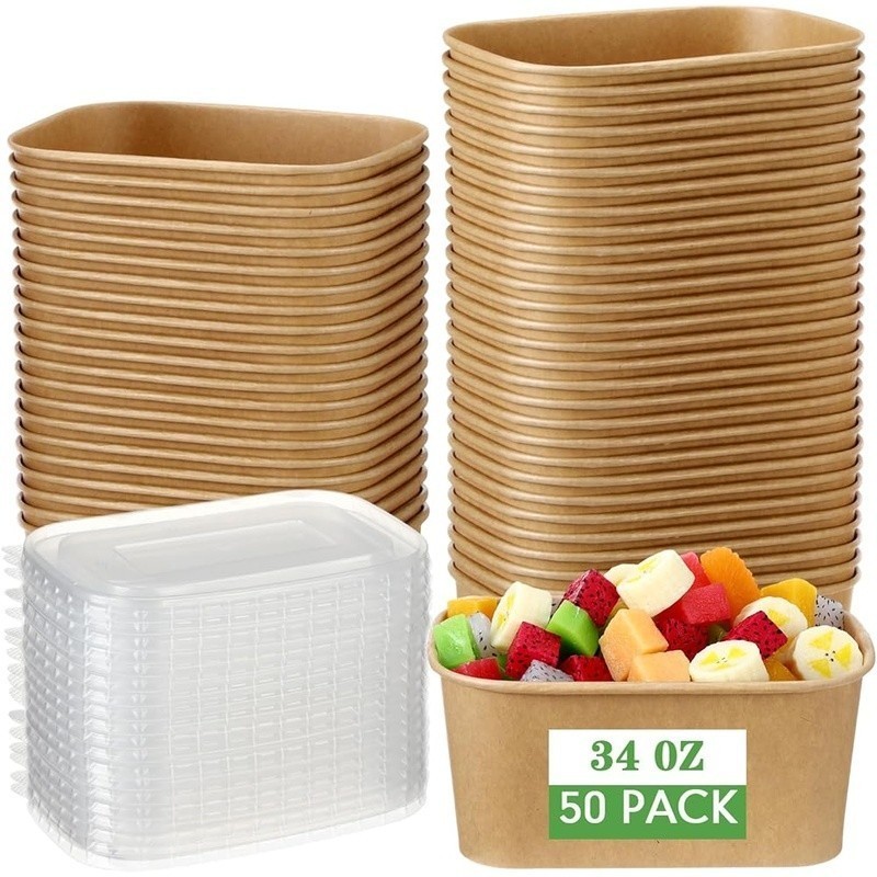 Disposable Paper Food Containers W/ Lids 50 Sets Versatile Microwave Safe Bowls