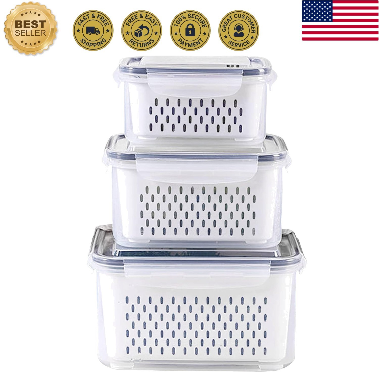 Clear Stackable Fridge Storage Set – Airtight Containers with Built-in Strainers