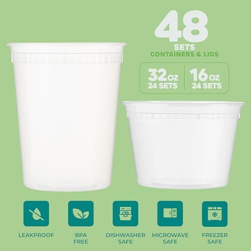 Deli Food Containers With 54 Lids 48 Sets 2432 Oz Quart Size & 2416 Oz Pint Si