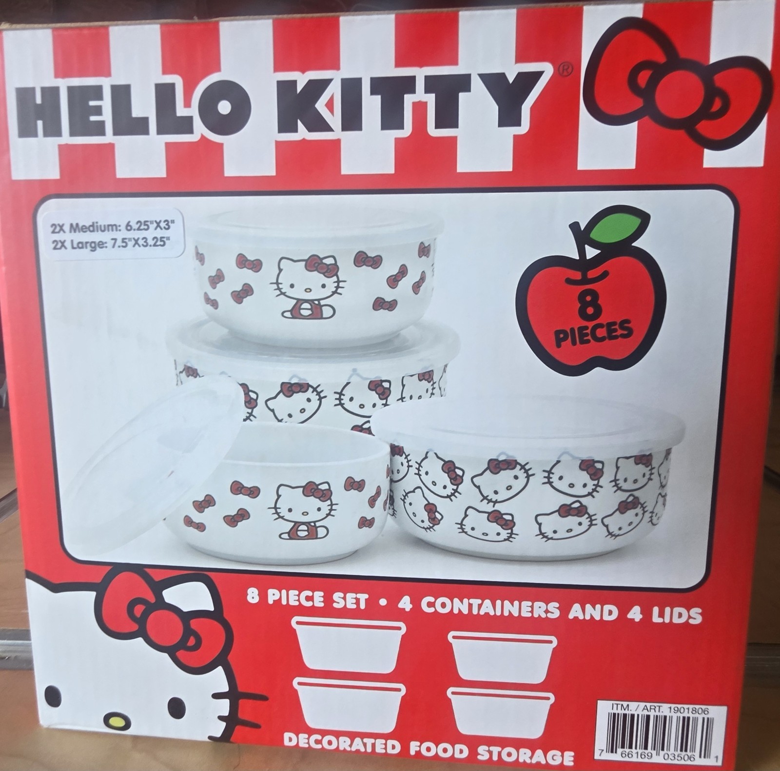 Hello Kitty Ceramic Bowl Set w/ Snap Lids 8pc White/Red/Clear Med/Lg