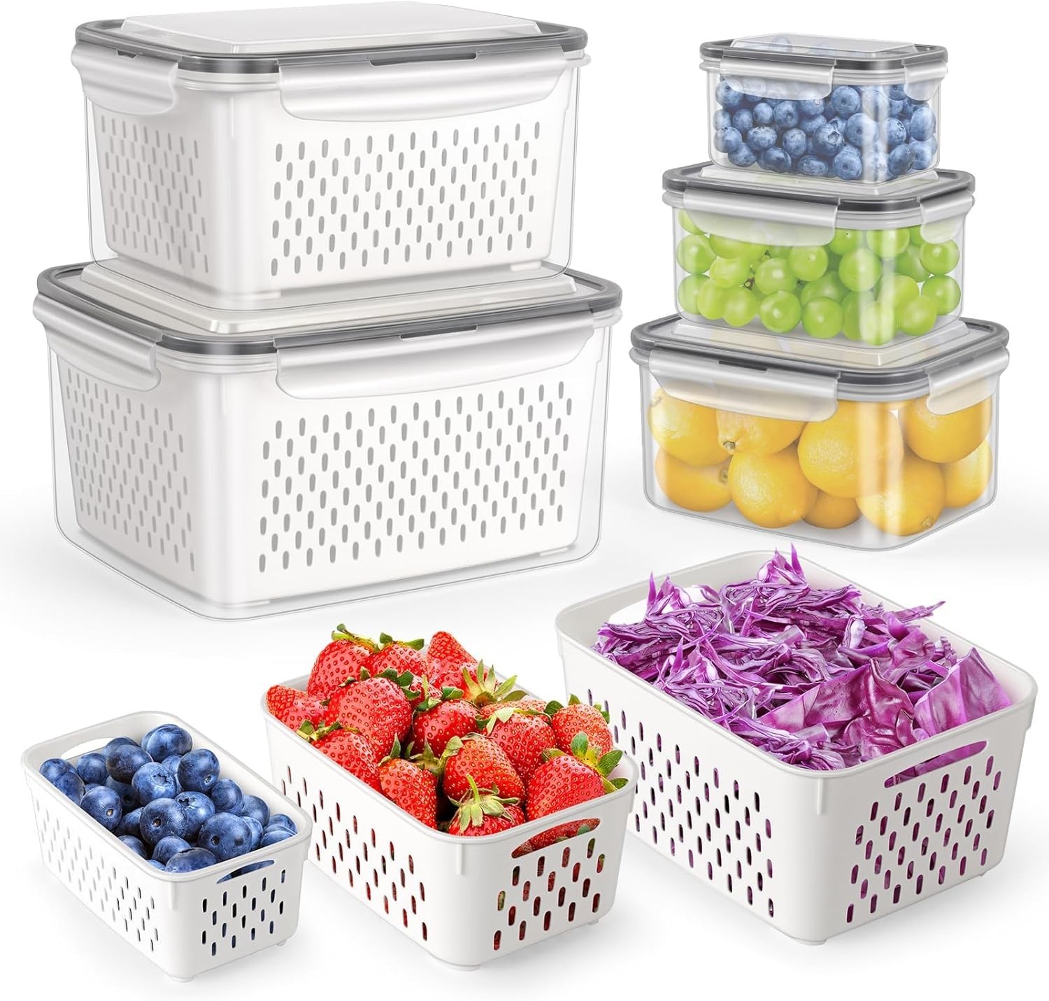 5-Pack Large Fruit Storage Container Fridge Leak proof W/ Removable Colander