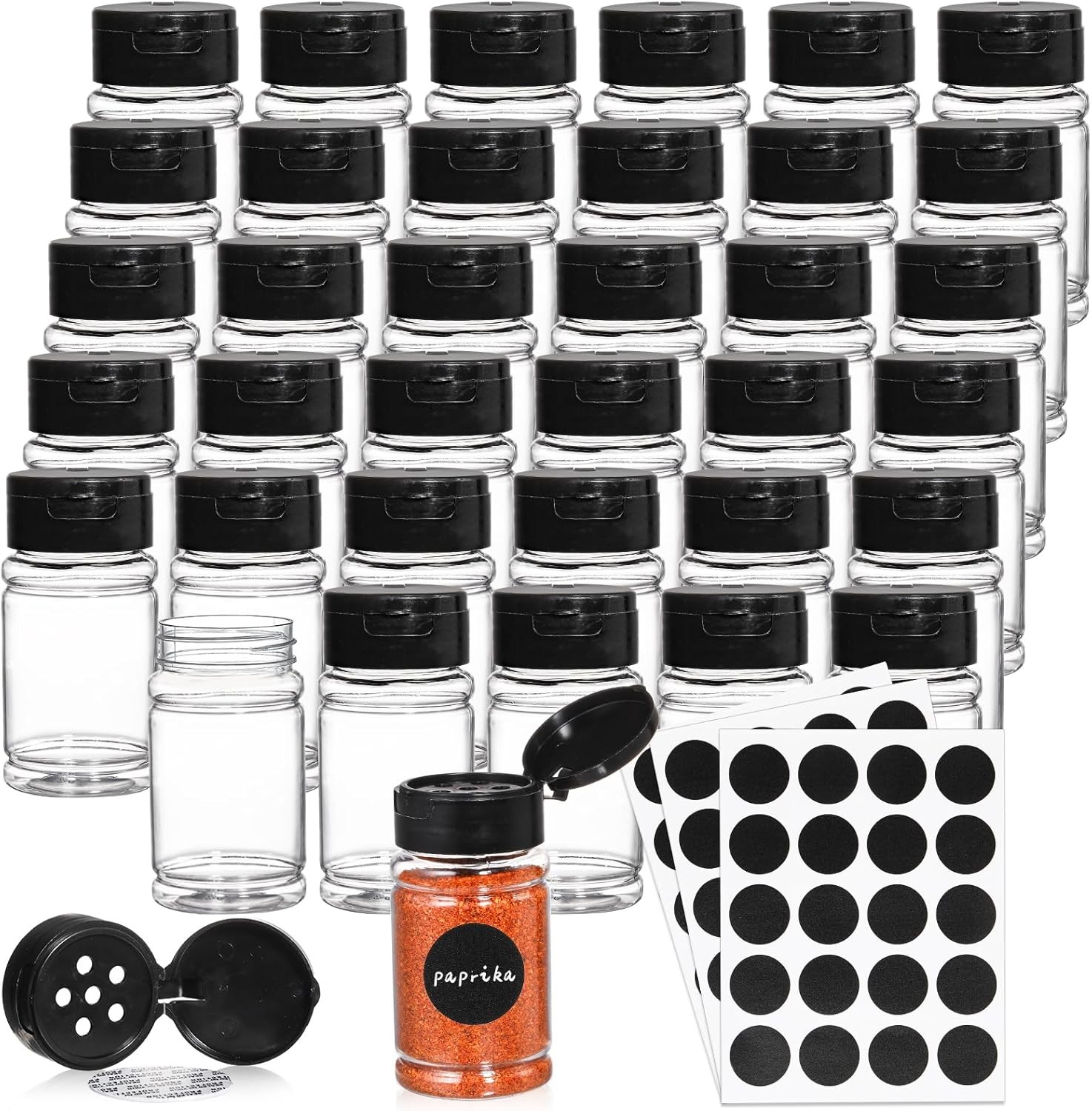 36 Pack 2.7 Oz Small Plastic Spice Bottles with Black Shaker Lids and Labels,…