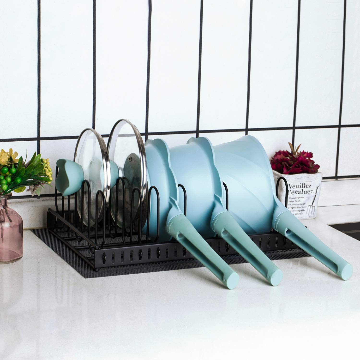 Black Metal Food Container Lid Organizer with 6 Adjustable Dividers for Cabinet