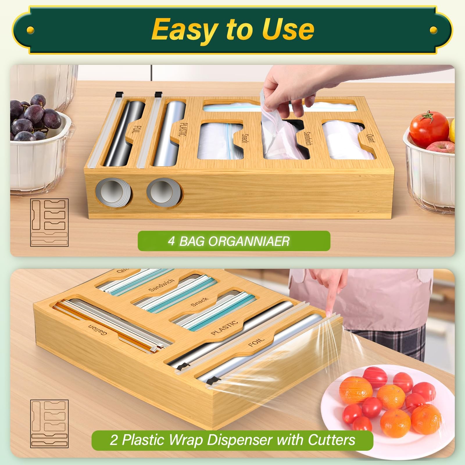 Bag Organizer and Plastic Wrap Dispenser with Cutter, 6 In 1 Bamboo Foil and …