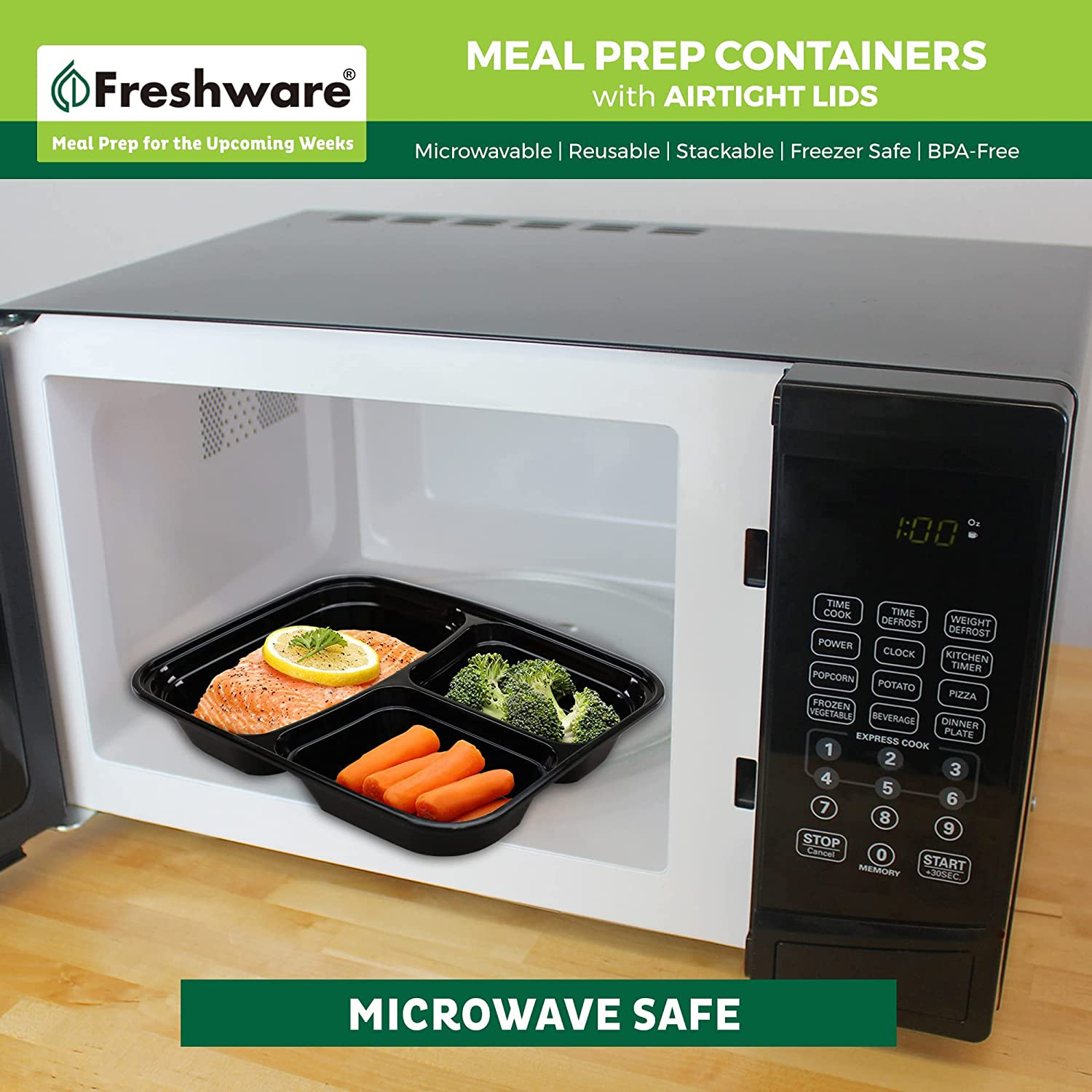 Freshware Meal Prep Containers [15 Pack] 3 Compartment with Lids, Food Container