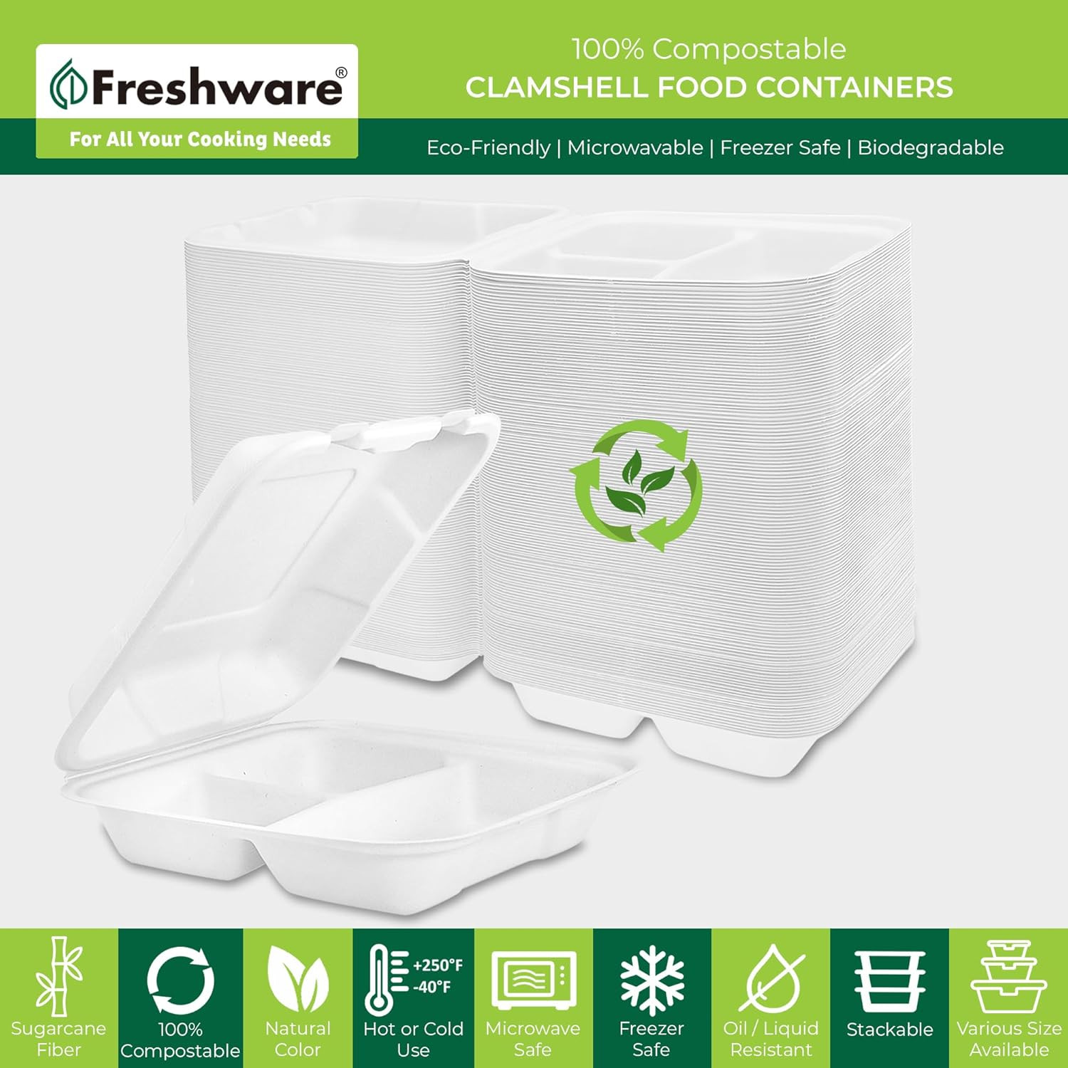 Clamshell Food Containers with Lids [8X8″] 3-Compartment 50-Pack