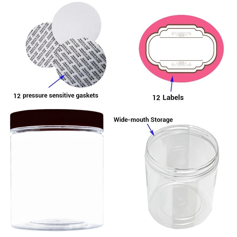 12 Pack 8 oz Clear Plastic Storage Jars with Black Lids for Body Butter, Bath Sa