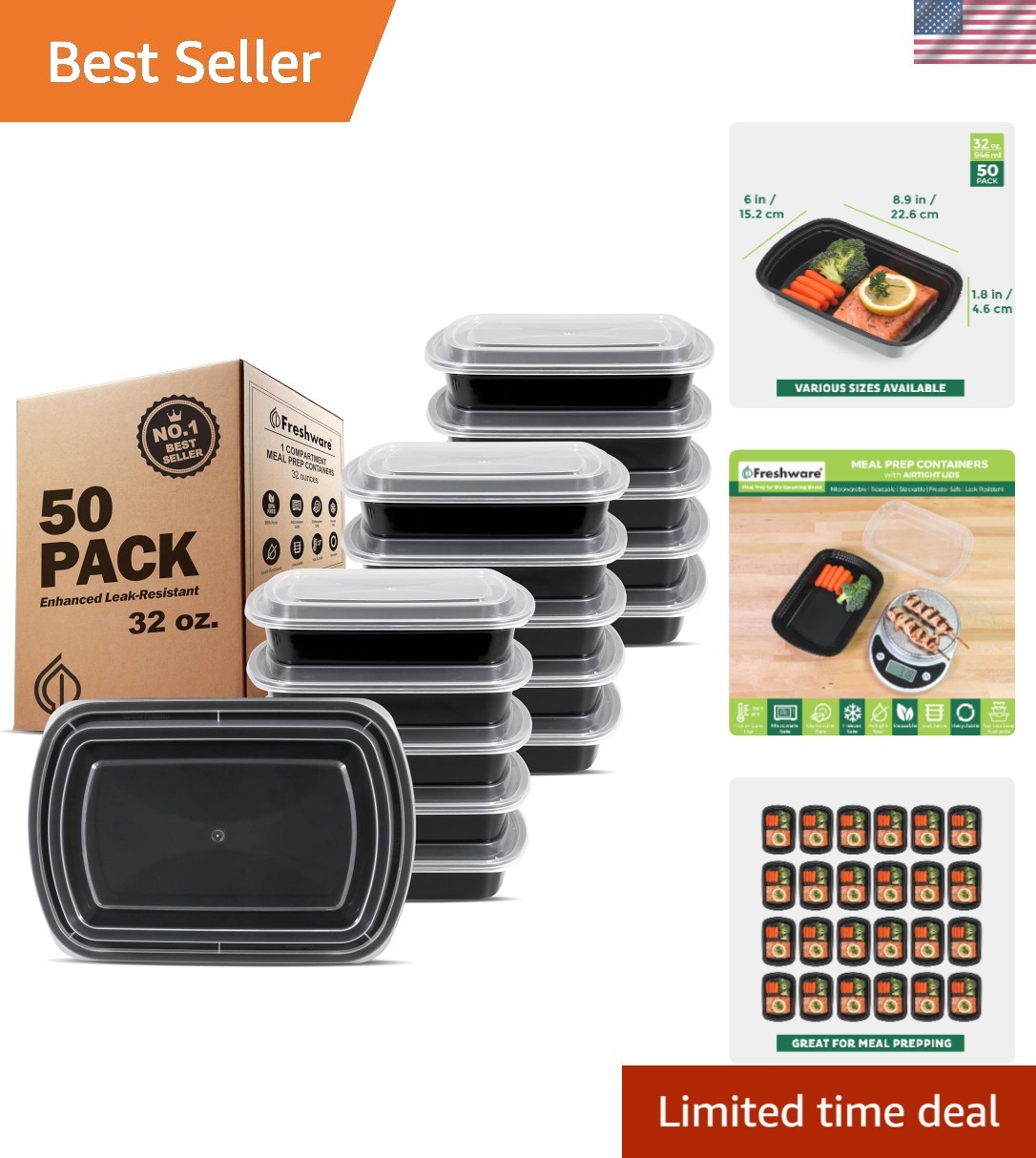 Versatile 32 oz Meal Prep Containers – 50 Pack Airtight BPA Free Bento Boxes