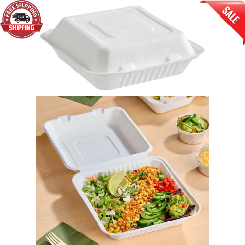 Compostable Bagasse Clamshell Food Container Takeout Box 9″ x 9″ x 3″