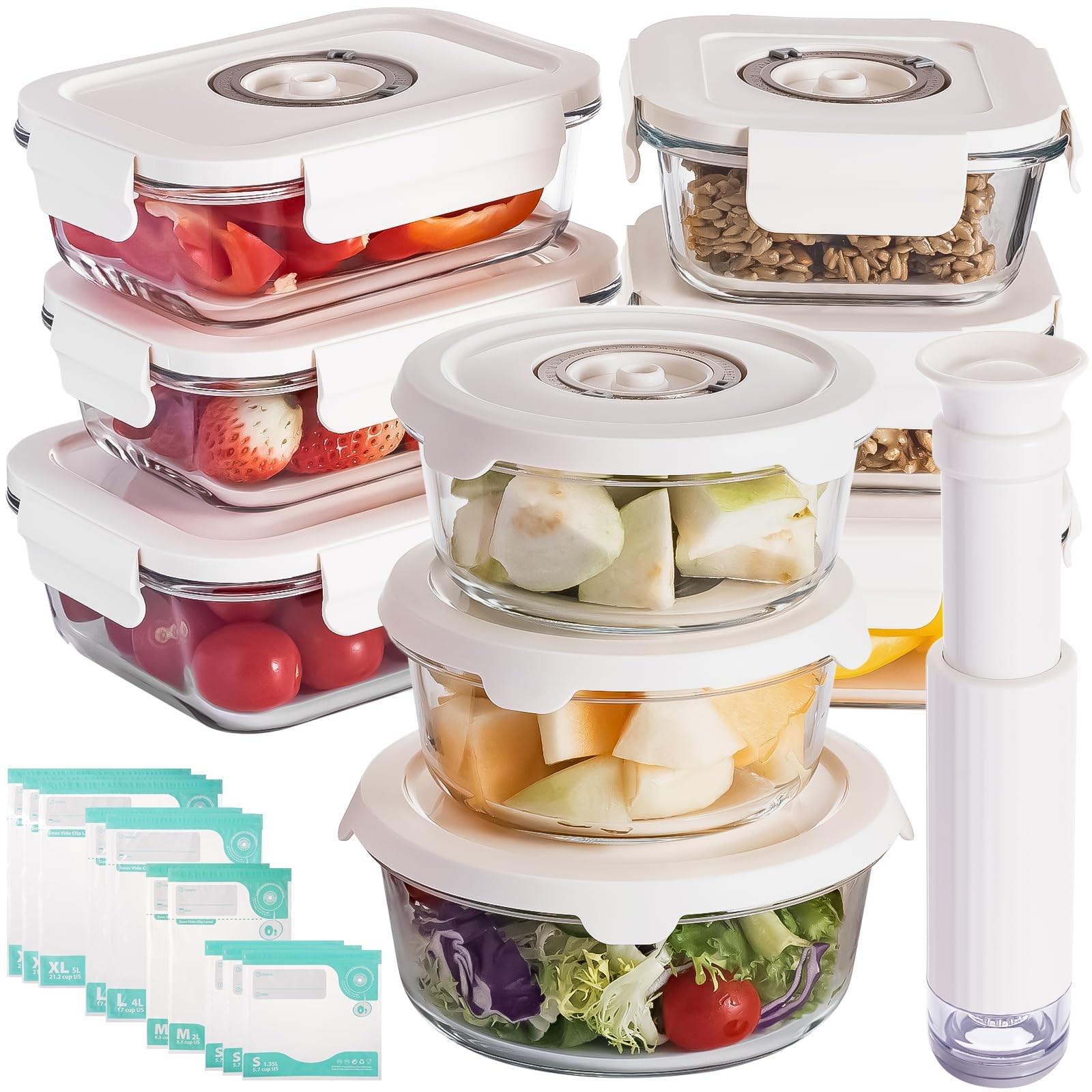 – Glass Vacuum Sealable Container Set – 9 Pieces, 6 Sizes, Hand Pump, 10 Bags
