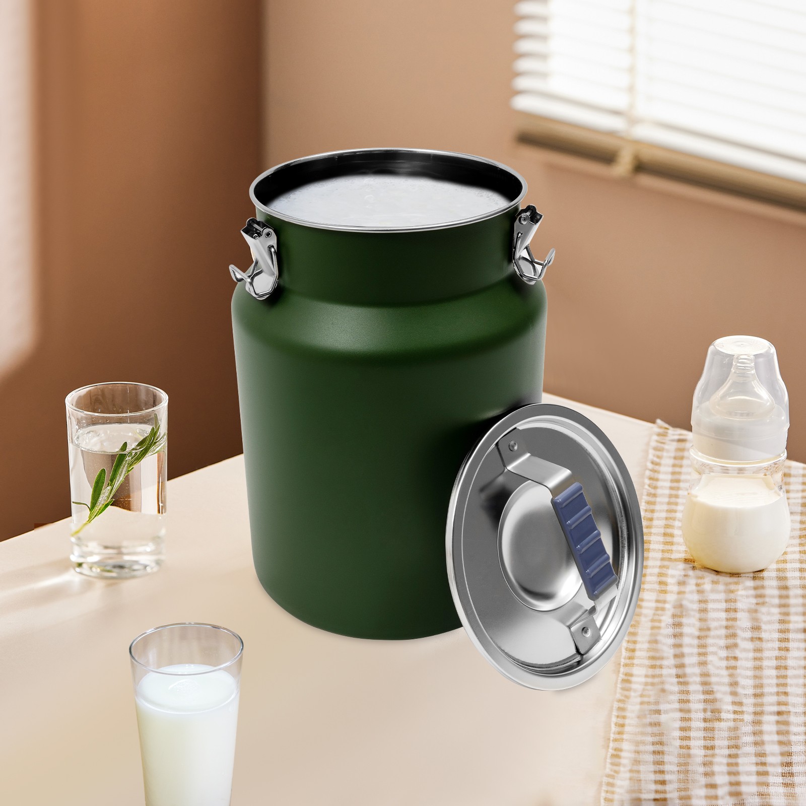 Green Stainless Steel Rice Storage Container 12L Round Grain Container with Lid