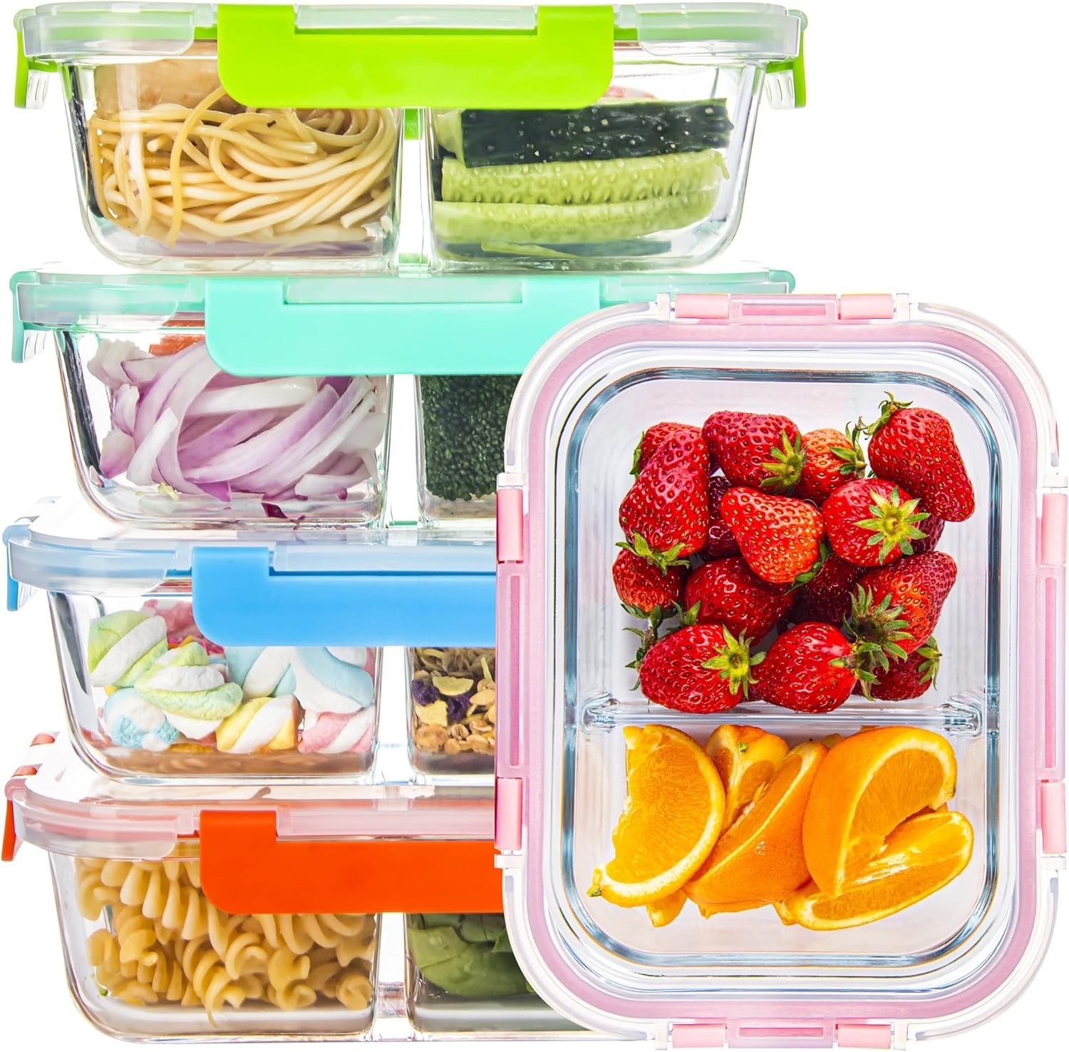 Glass Meal Prep Containers 2 Compartment with Lids (5 Pack, 34oz), Divided Glass