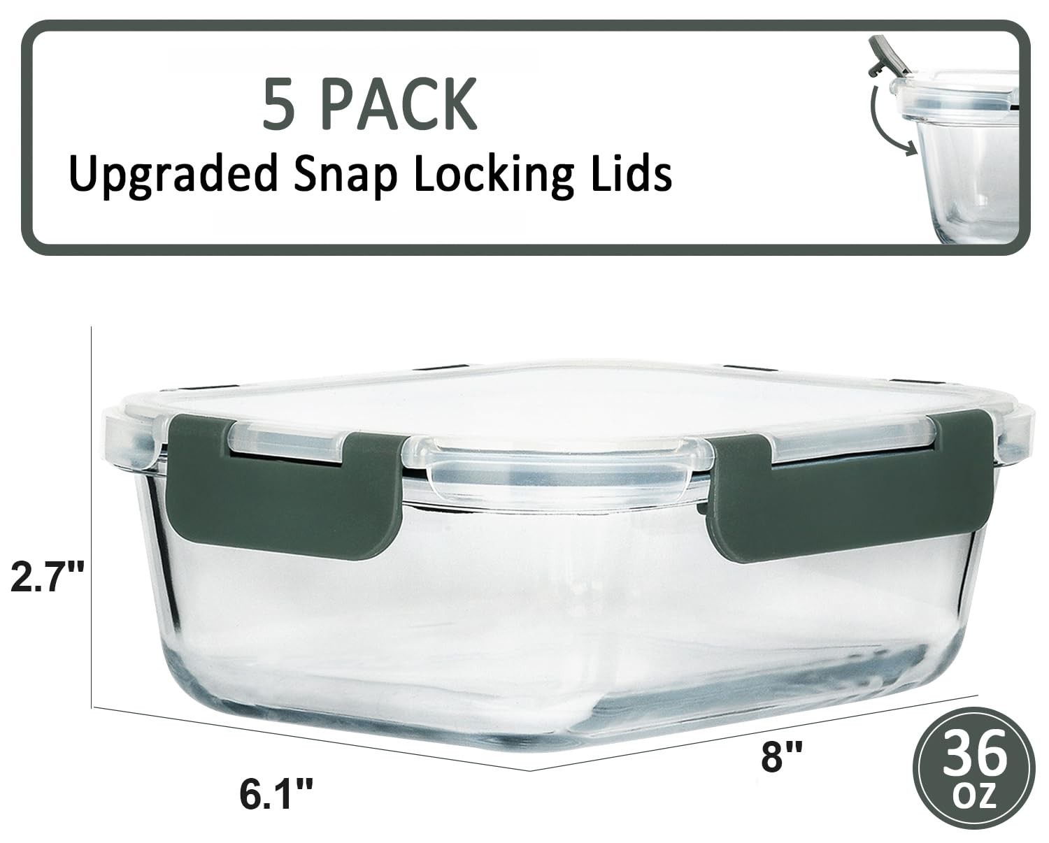 [5-Packs, 36 Oz Glass Meal Prep Containers with Snap Locking Lids Glass Food …