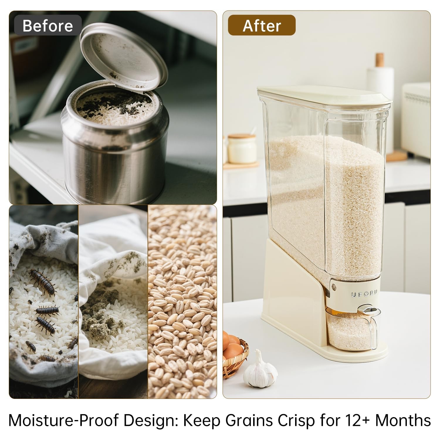 Rice Dispenser 11 Lbs Slim Storage Container Clear Dry Food Cream White